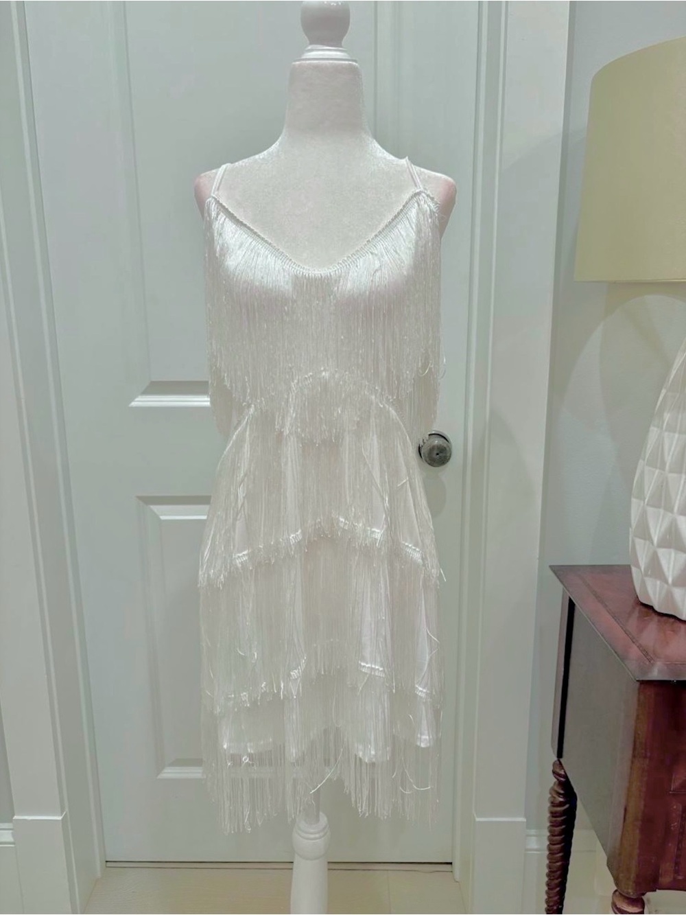 Fringed Cream Tiered Slip Mini Dress